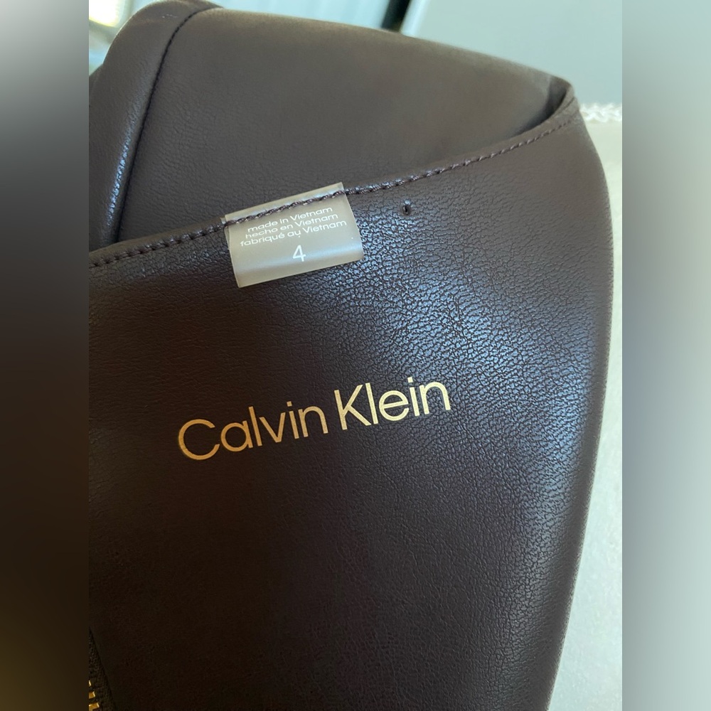NWT Calvin Klein Belted Faux Leather Sheath Dress - Espresso Brown - Picture 15 of 16